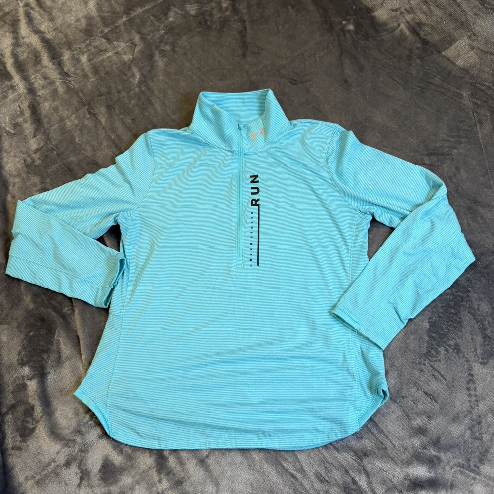 UNDER ARMOUR Run HeatGear Women Sz L 1/4 zip Striped Blue Aqua Mint Active Wear